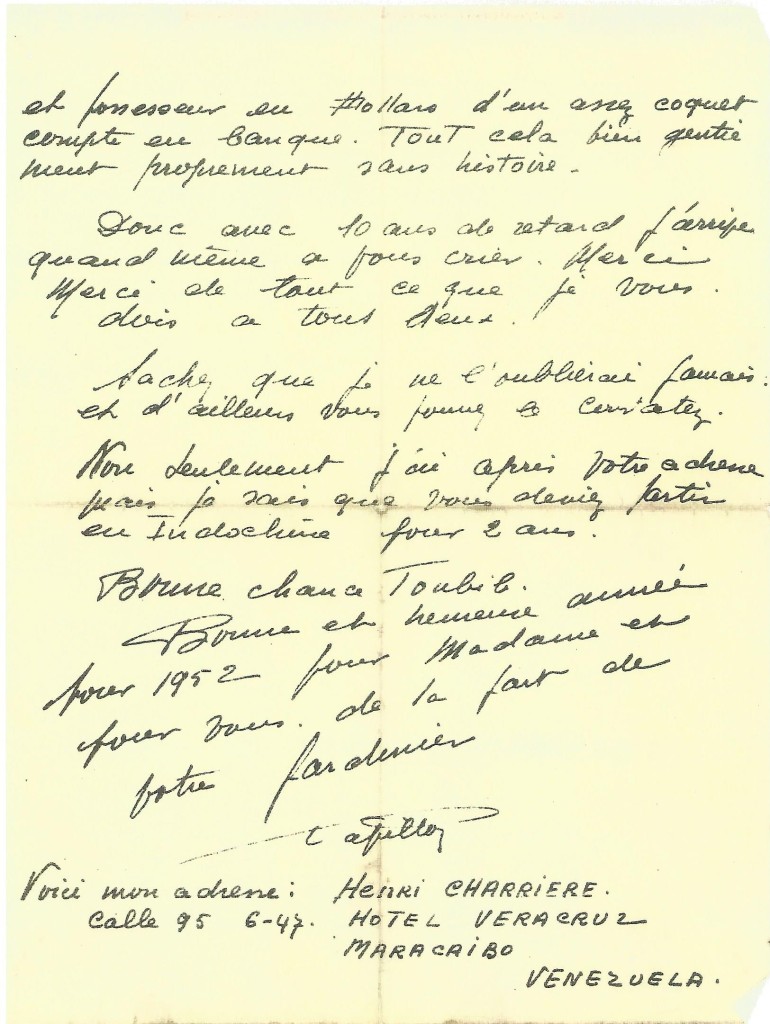 Lettre du 14/02/52 au Docteur Alex Guibert- Germain. Ecrite de Maracaibo, à propos de leurs retrouvailles. 